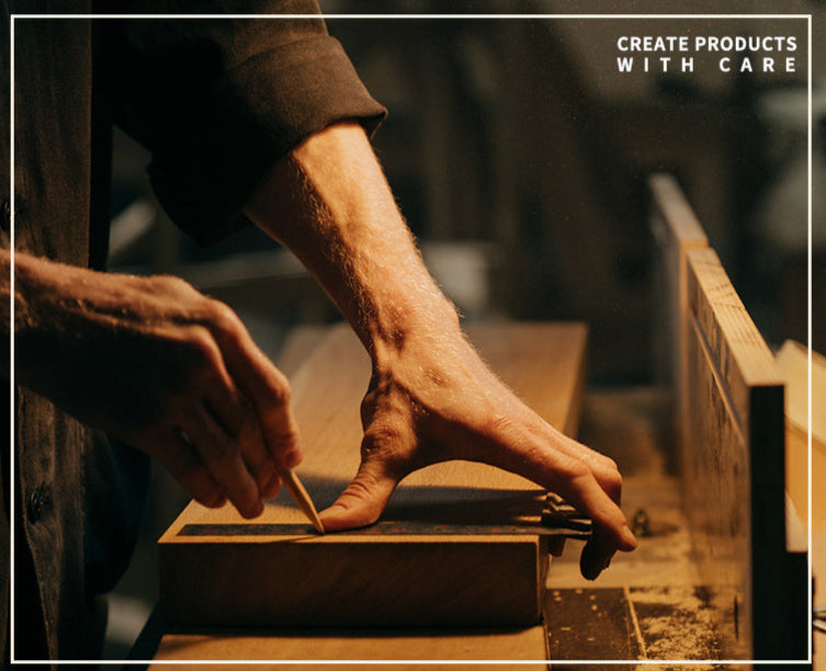 Woodworking scene with hands working on a wooden block, stacked logs below.