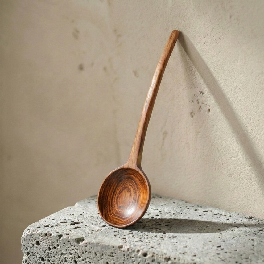 A natural Phoebe wood cooking spoons laid on cream linen fabric