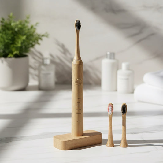 Beige bamboo ZenBrush electric toothbrush standing upright on a white surface