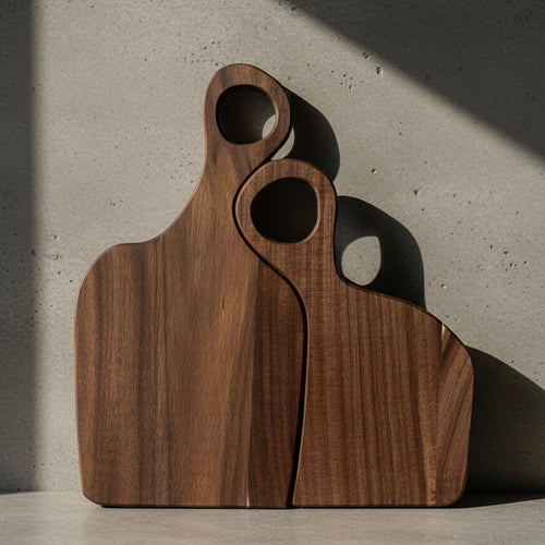 Two black walnut cutting boards with looped handles standing upright against a concrete wall