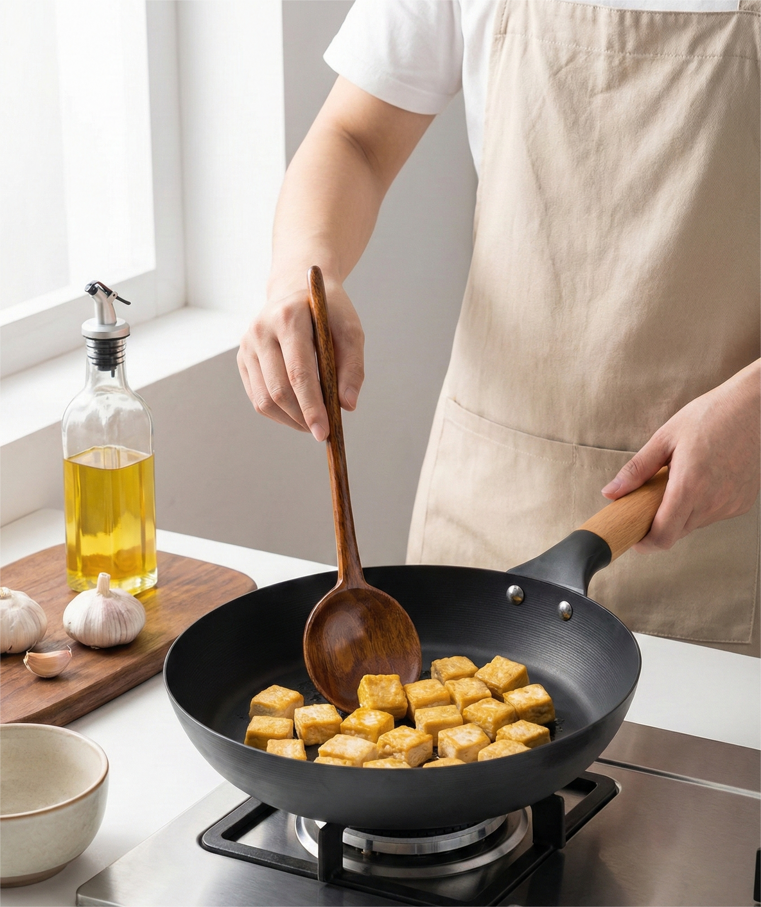 Person cooking tofu in a frying pan with natural Phoebe wooden spoons, kitchen setting.