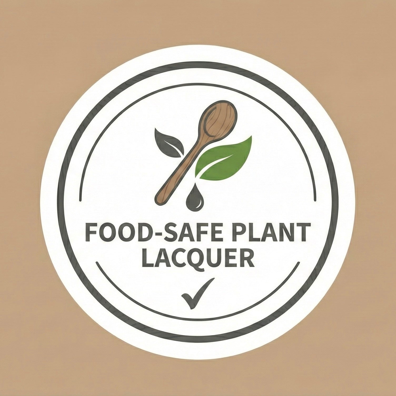 Food-safe plant lacquer certification badge for Kewevia Phoebe wood spoon