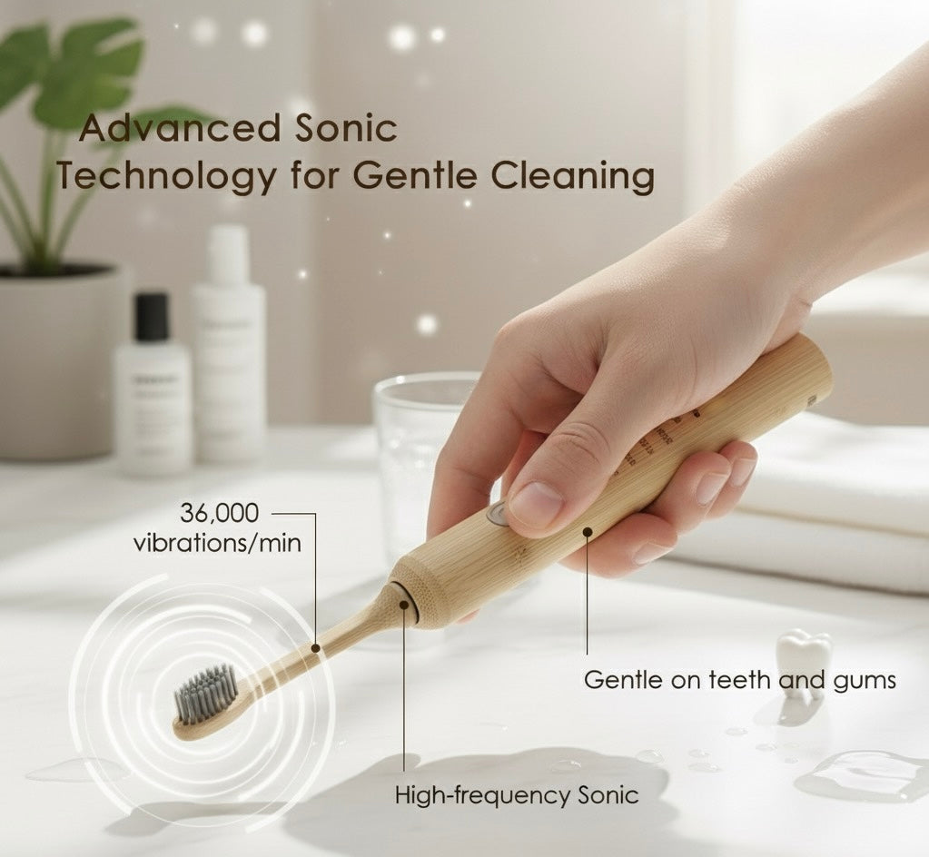 Hand holding a bamboo toothbrush with text about advanced sonic technology on a blurred bathroom background.