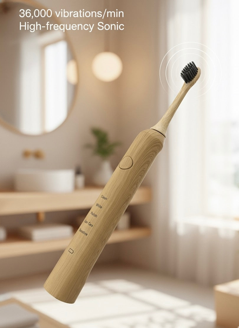 Kewevia Bamboo electric toothbrush with high-frequency sonic vibrations in a bathroom setting