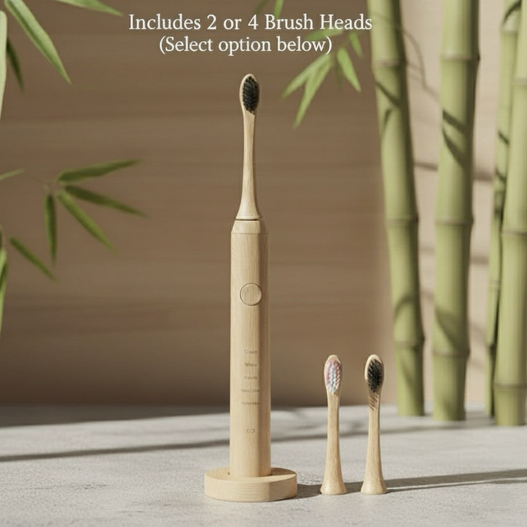 Bamboo toothbrush set with stand and brush heads against a bamboo background