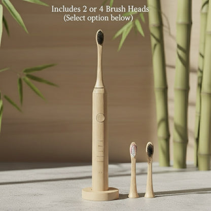 Bamboo toothbrush set with stand and brush heads against a bamboo background