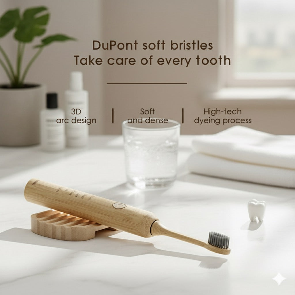 Kewevia Bamboo toothbrush with DuPont soft bristles on a bathroom counter.