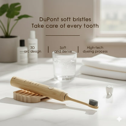 Kewevia Bamboo toothbrush with DuPont soft bristles on a bathroom counter.