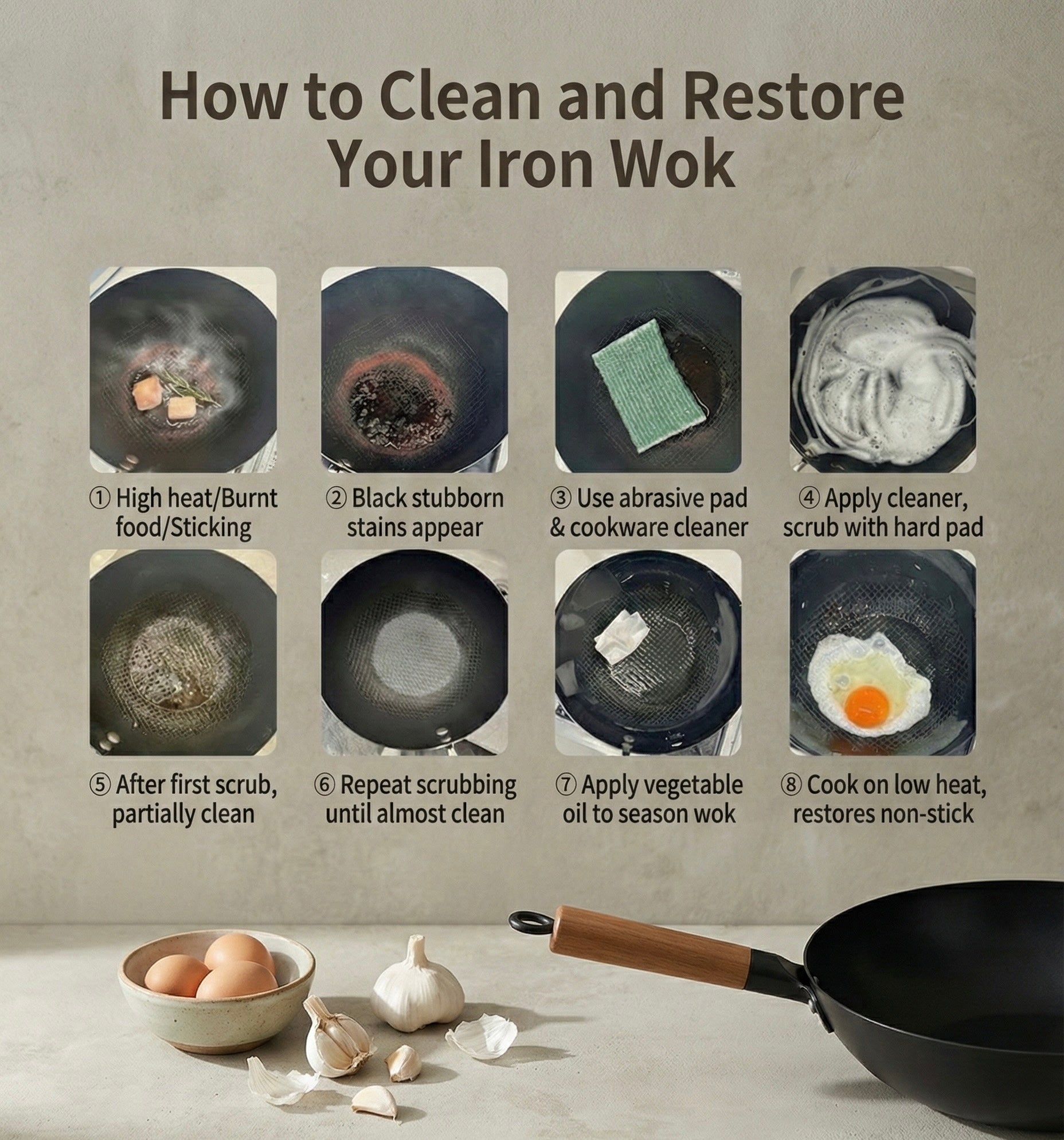 Step-by-step guide showing how to clean and restore a nitride iron wok using natural methods