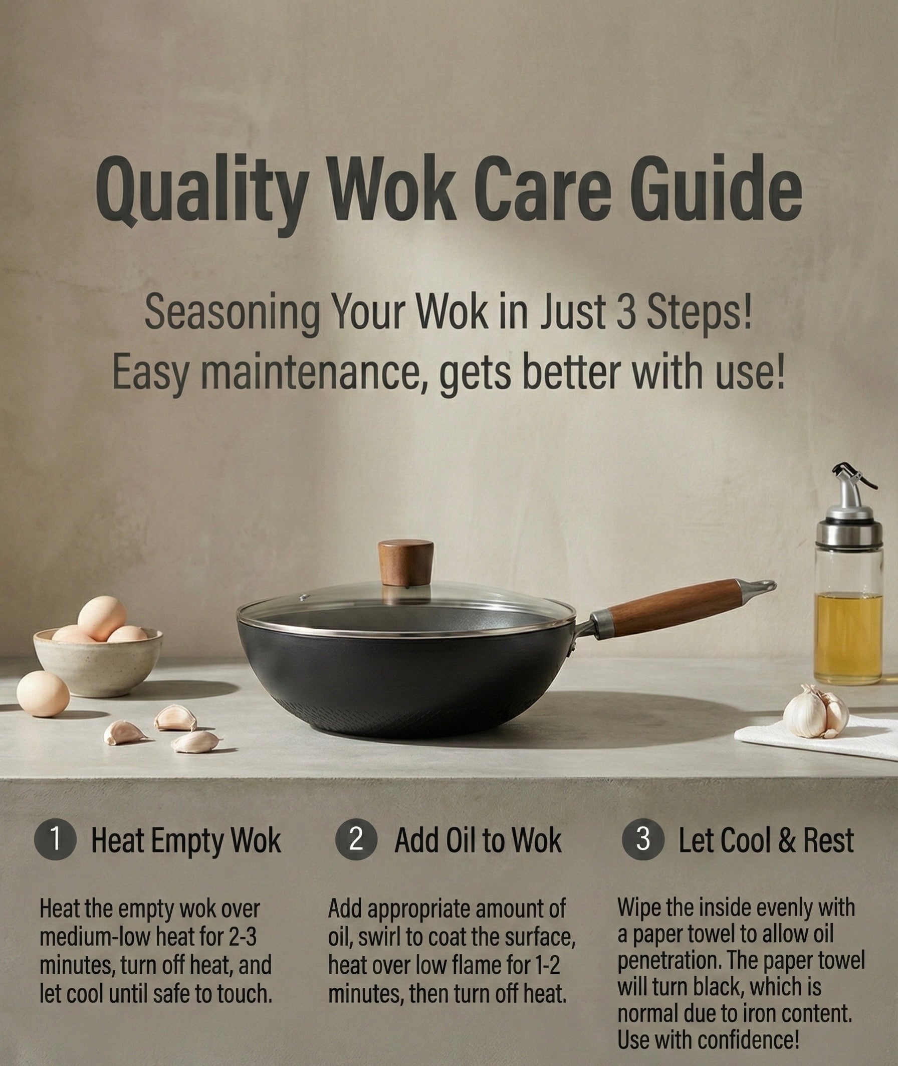 Quality nitride iron wok care guide showing 3-step seasoning process: heat empty wok, add oil, let cool and rest