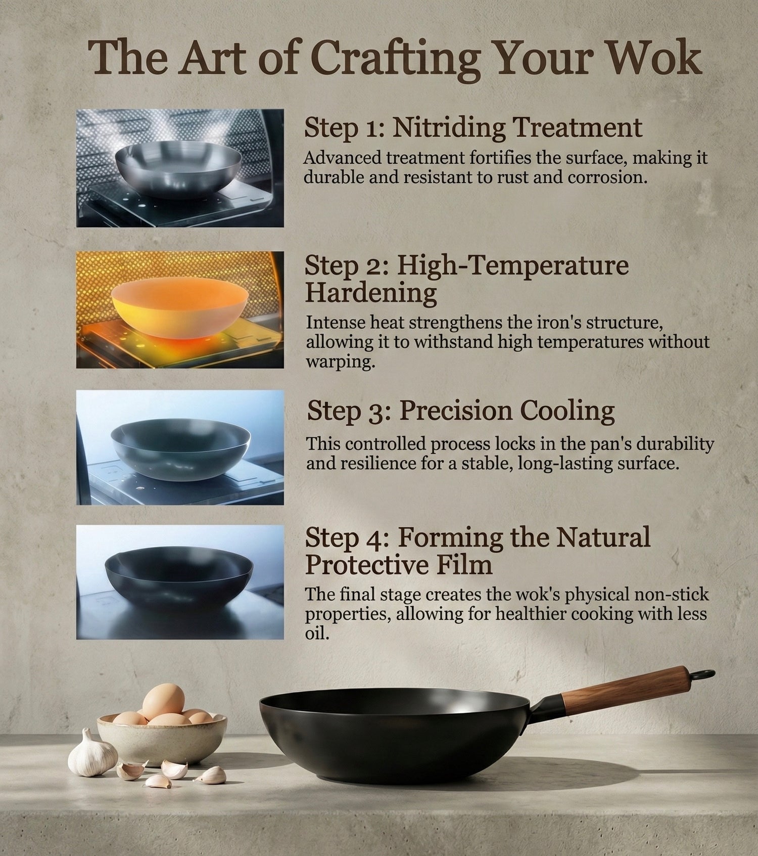 Four-step nitriding process infographic showing how the Solo Wok surface is hardened and treated for natural non-stick cooking