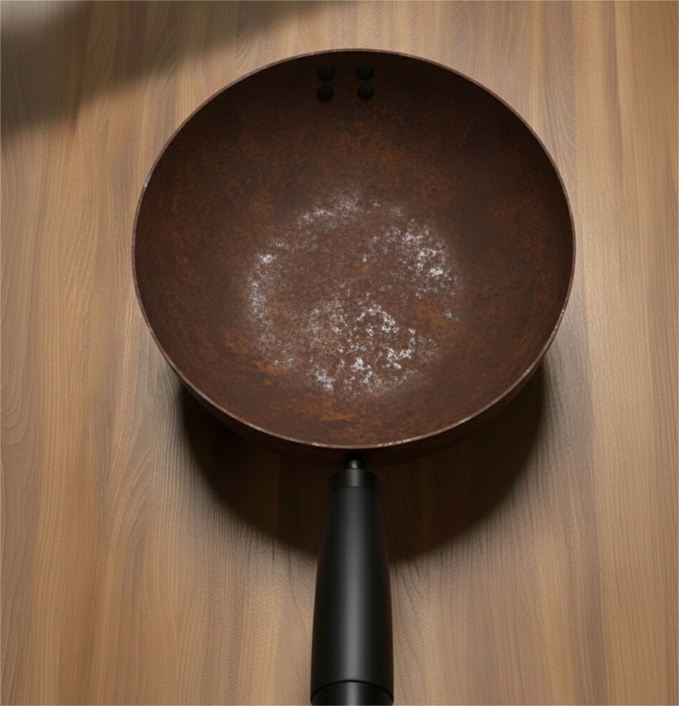 Rusted frying iron pan with a black handle on a wooden surface