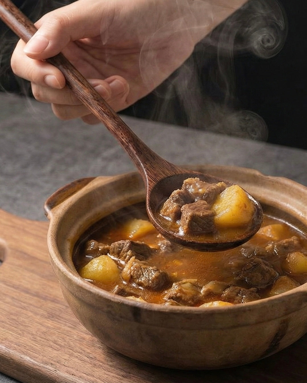Person stirring food in a dark iron wok using a natural Phoebe wood spoon
