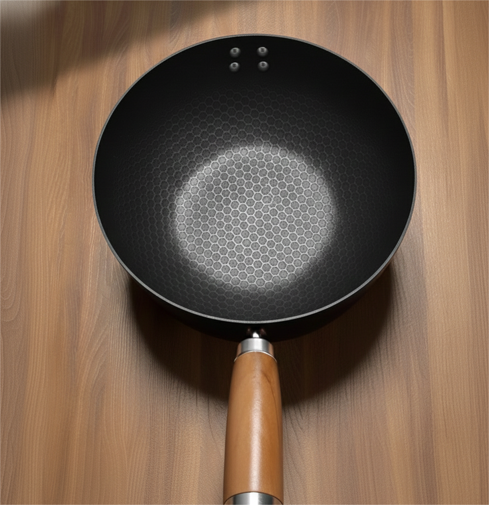 Top-down view of black nitride iron wok interior showing textured 