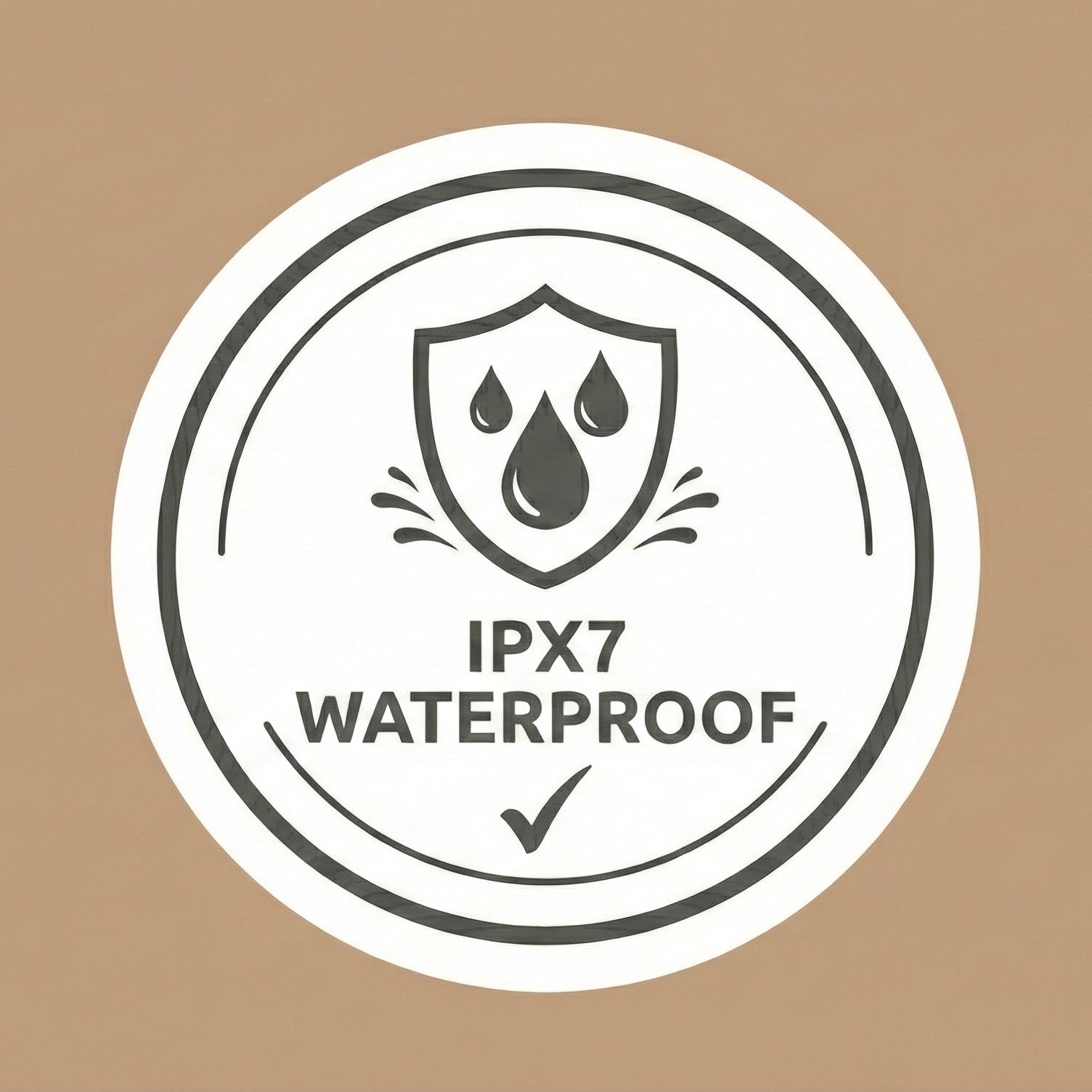 Waterproof certification Badge with IPX7 rating on a brown background