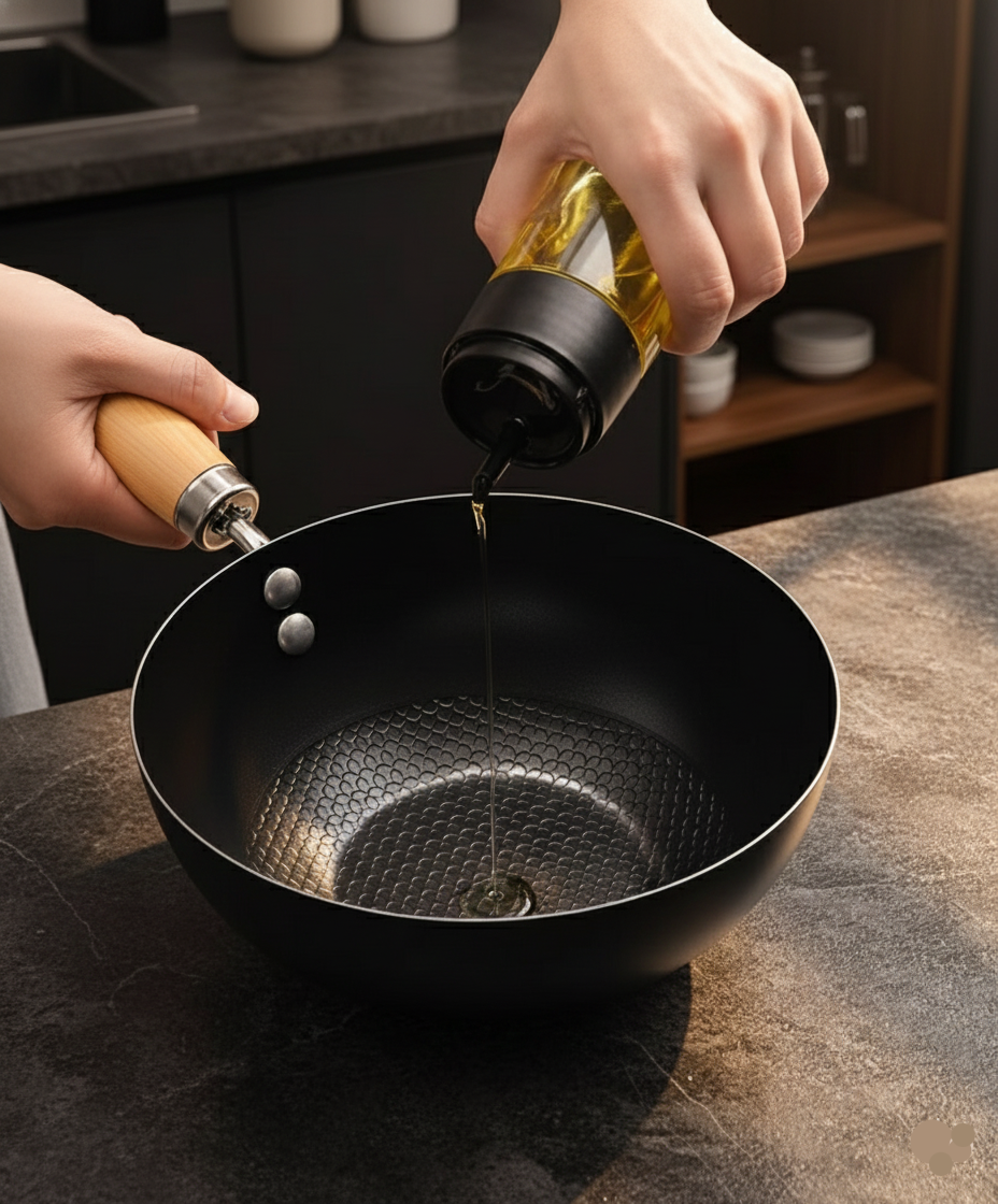 Hand applying oil to season a nitride iron wok on a wooden kitchen surface
